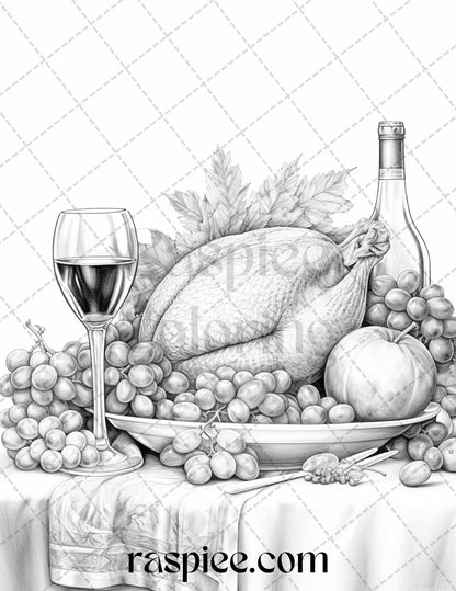 Thanksgiving Dinner Grayscale Coloring Pages for Adults, Relaxing Fall Coloring Sheets, Printable PDF File Instant Download