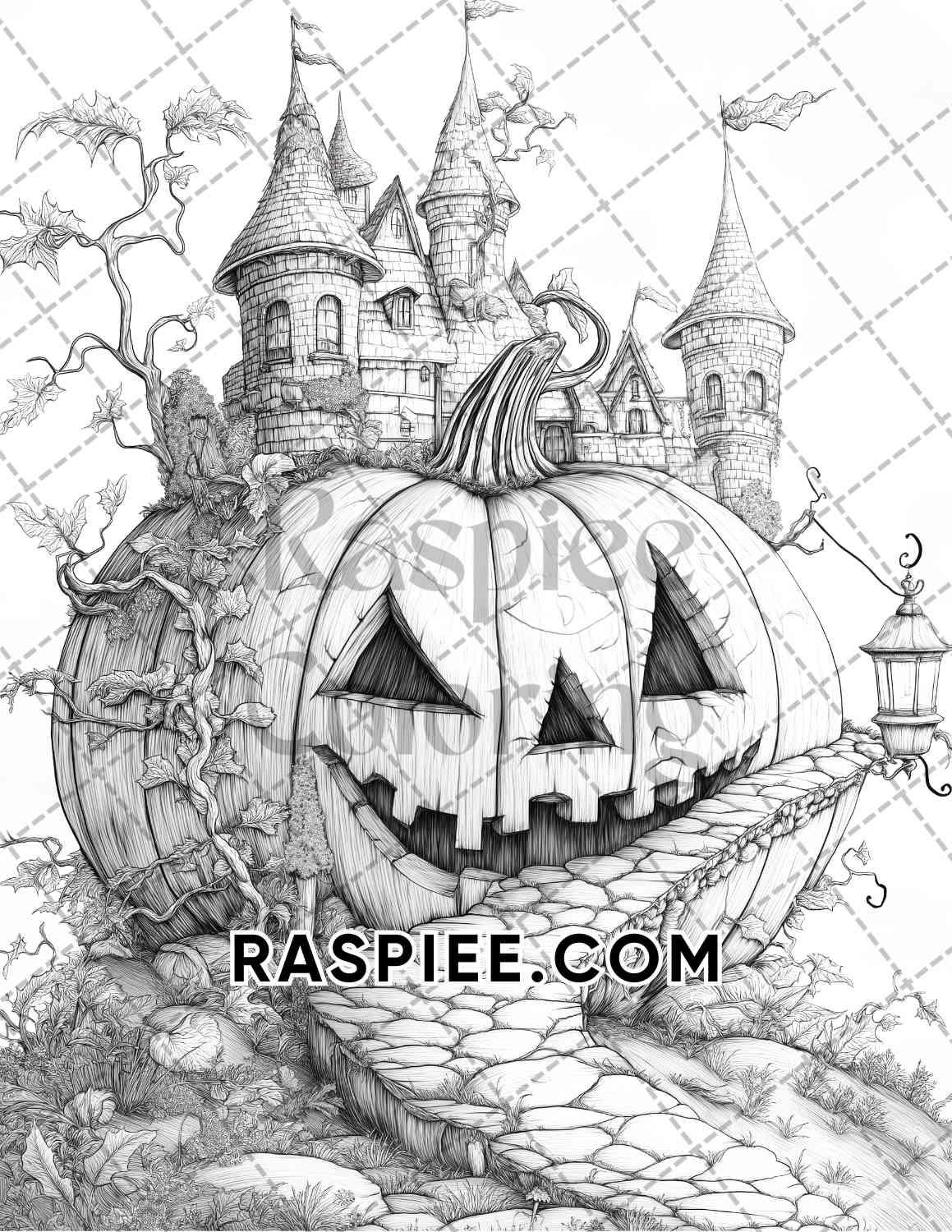 Fantasy Giant Pumpkin Castles Adult Coloring Pages Printable PDF Instant Download - RASPIEE