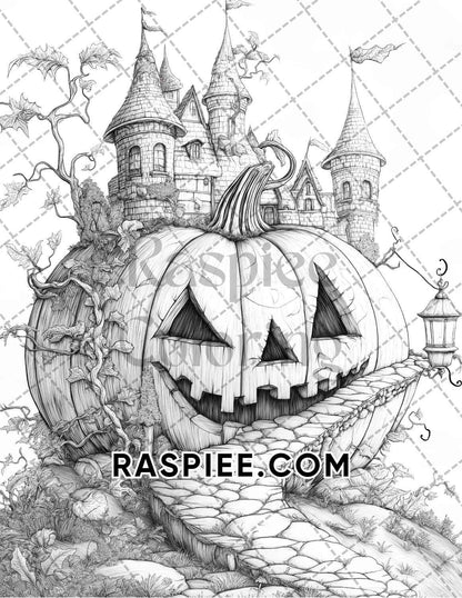 Fantasy Giant Pumpkin Castles Adult Coloring Pages Printable PDF Instant Download - RASPIEE