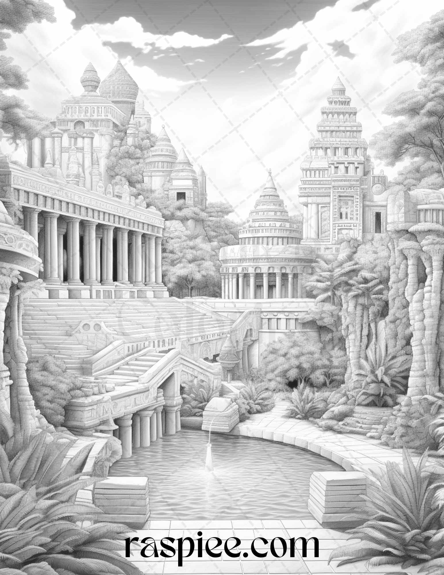 Hanging Gardens of Babylon Grayscale Coloring Pages Printable, PDF File Instant Download - Raspiee Coloring