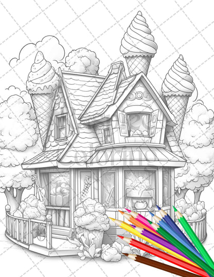 ice cream houses grayscale coloring page for adults and kids, printable grayscale coloring sheet with ice cream illustrations, detailed ice cream houses coloring page for digital download