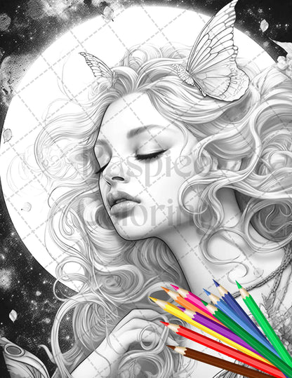 Moon Fairy Grayscale Coloring Page for Adults