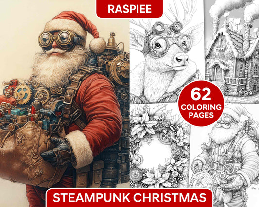 Steampunk Christmas Adult Coloring Pages Printable PDF Instant Download - RASPIEE