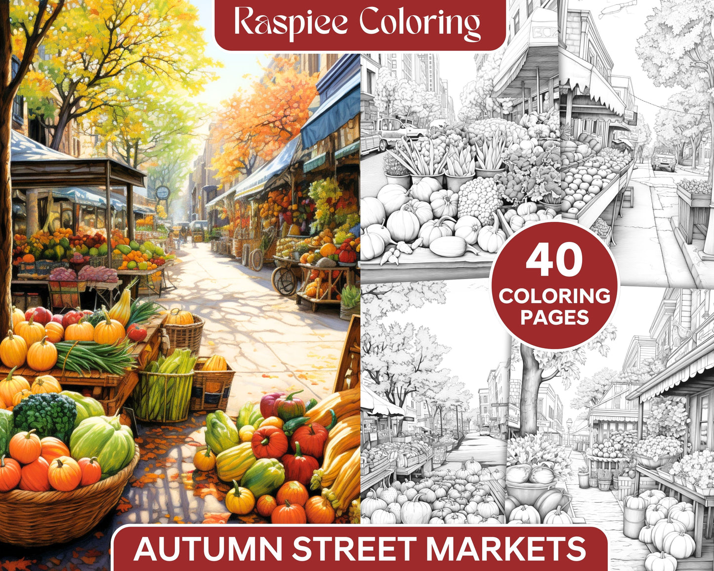 Autumn Street Markets Grayscale Coloring Pages for Adults, Printable PDF  File Instant Download