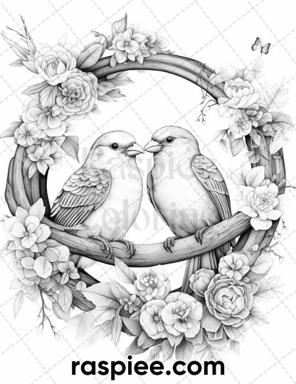 Lovebird Coloring Pages for Adults, Adult Coloring Book Download, Bird Coloring Pages, Animal Coloring Pages, Flower Coloring Pages, Floral Coloring Pages, Grayscale Coloring Pages