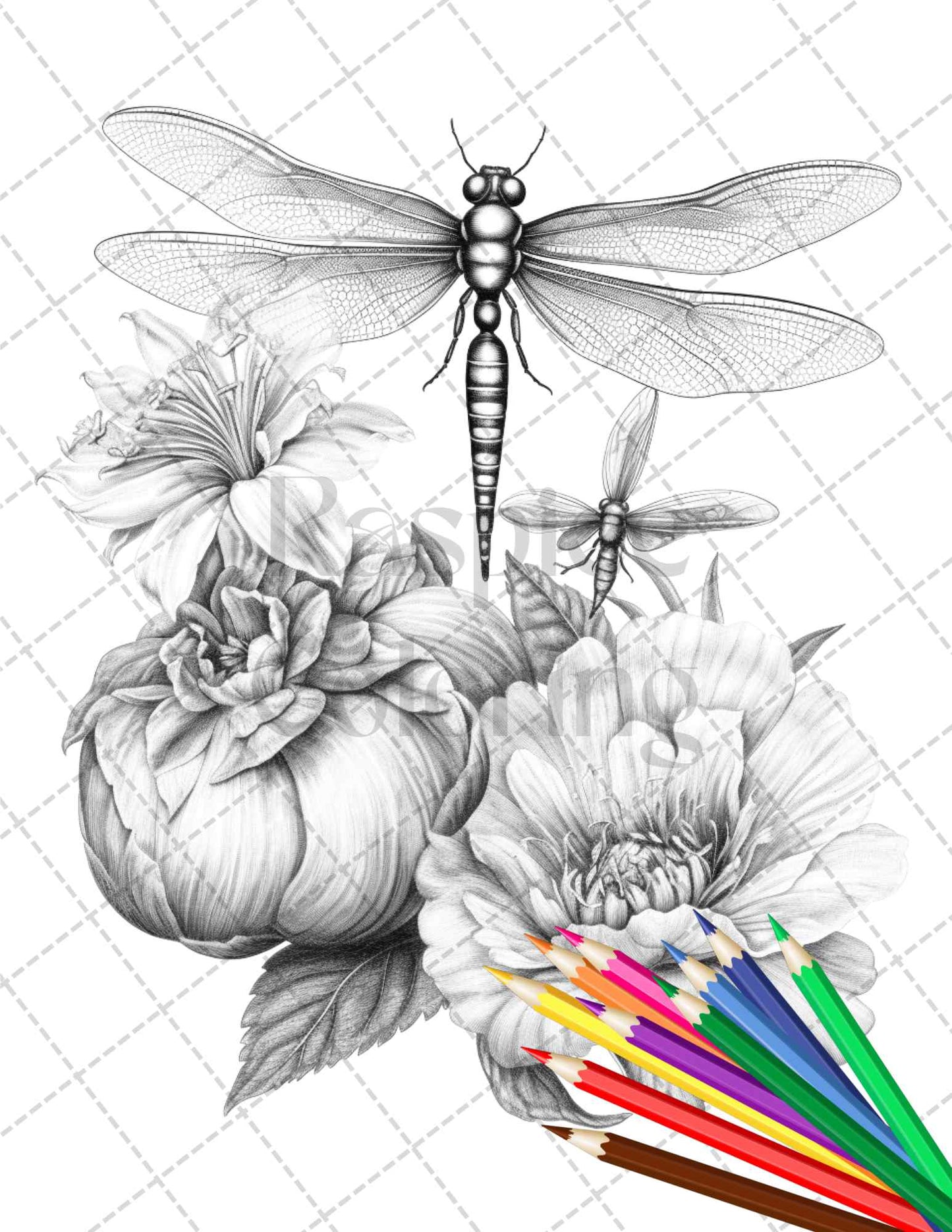 Vintage Botanical Dragonfly Grayscale Coloring Pages Printable, Adult Coloring Book, Relaxation Art, Printable Grayscale Coloring Sheets for Adults