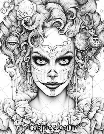scary clown coloring pages, grayscale coloring pages, girls coloring pages, printable coloring pages, adult coloring pages, Halloween coloring book, creepy coloring pages, horror coloring pages, dark art coloring pages, spooky coloring pages, haunted circus coloring pages, sinister clown art, macabre coloring pages, eerie coloring pages, gothic coloring pages