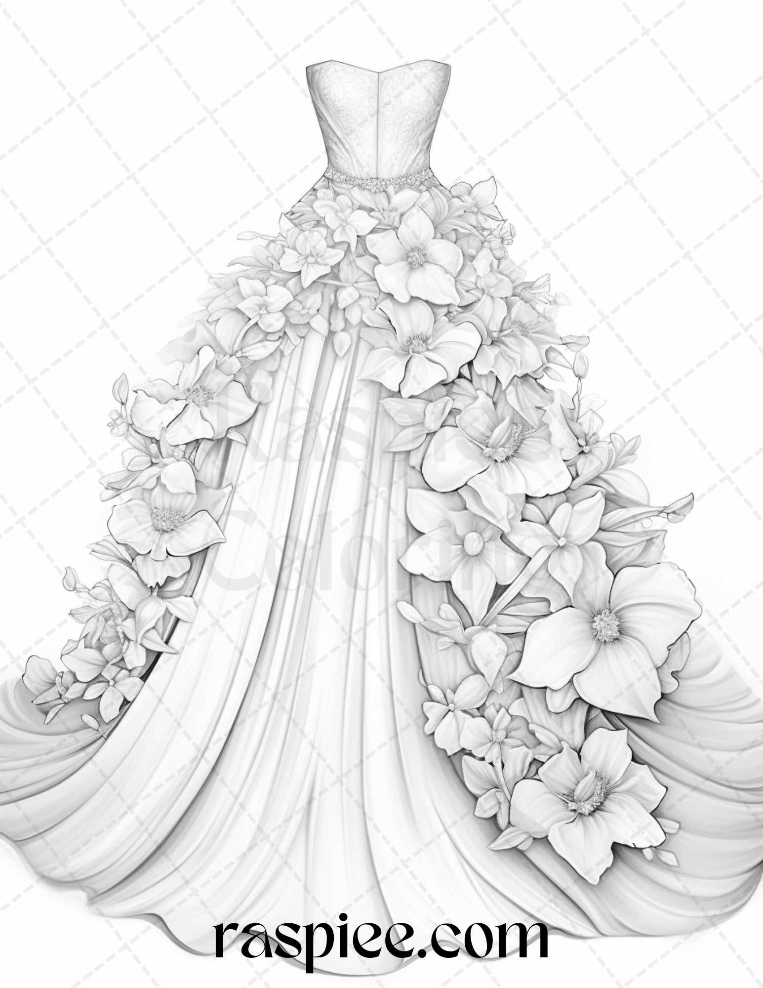 Floral wedding dress coloring page, Elegant grayscale adult coloring printable, Intricate floral gown illustration, Wedding fashion coloring pages, Printable coloring page for adults