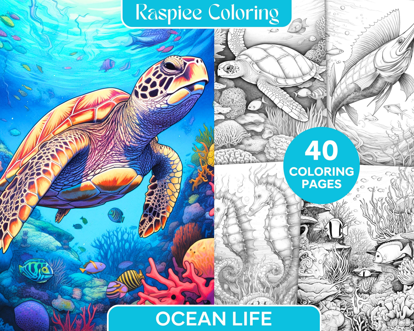 Ocean Life Grayscale Coloring Pages, Printable for Adults, Relaxing Underwater Art