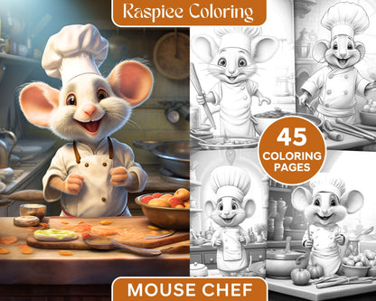 Grayscale coloring page mouse chef, Adult coloring book printable, Stress-relief coloring sheets, Detailed mouse chef illustration, Coloring for relaxation, Intricate coloring patterns, Therapeutic coloring pages, Mouse chef coloring printable, Coloring pages for grown-ups, Creative hobby coloring