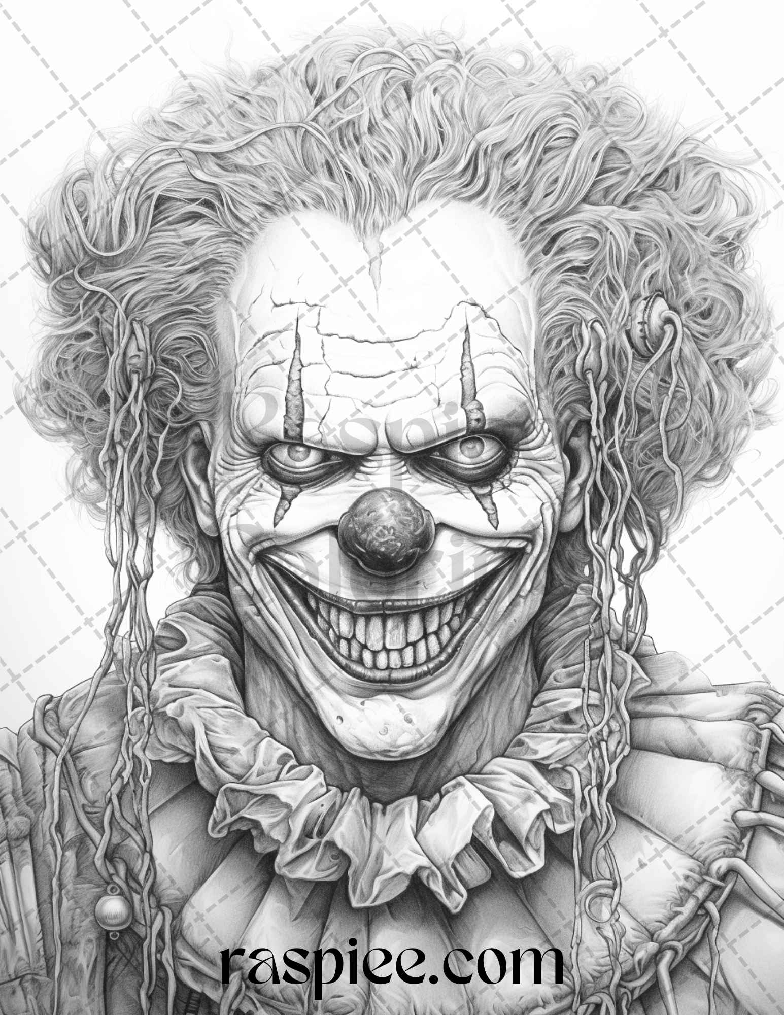 Spooky Clowns Grayscale Coloring Pages Printable for Adults, Halloween-themed adult coloring book, Creepy clown illustrations for grayscale coloring, Haunting black and white coloring pages, Horror-themed printable coloring sheets, Scary clowns coloring for adults, Spooky circus art grayscale printables