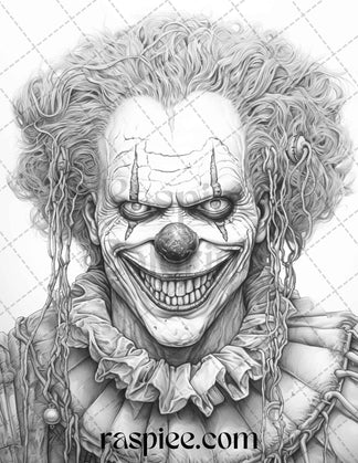 40 Spooky Clowns Grayscale Coloring Pages Printable for Adults, PDF Fi ...