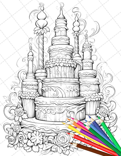 whimsical cakes grayscale coloring page, adult coloring page with cake illustration, grayscale art of whimsical cakes for adults, relaxing cake coloring page for stress relief, detailed grayscale cake coloring sheet