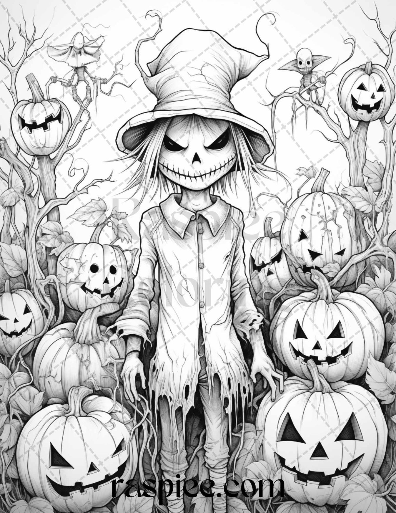 50 Halloween Scarecrows Grayscale Coloring Pages Printable For Adults,