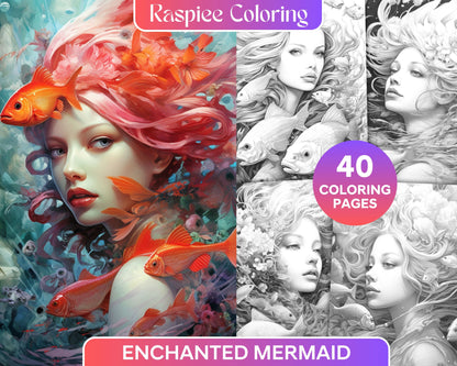 Enchanted Mermaid Grayscale Coloring Pages, Printable for Adults, Mermaid Art, Coloring Book for Adults