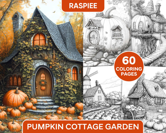 Pumpkin Cottage Garden Adult Coloring Pages Printable PDF Instant Download