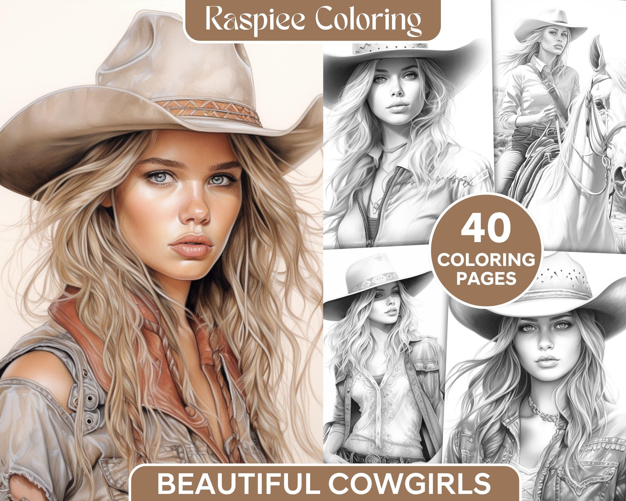 40 Beautiful Cowgirls Grayscale Coloring Pages Printable for Adults, P