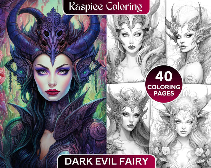 40 Dark Evil Fairy Grayscale Coloring Pages Printable for Adults, PDF