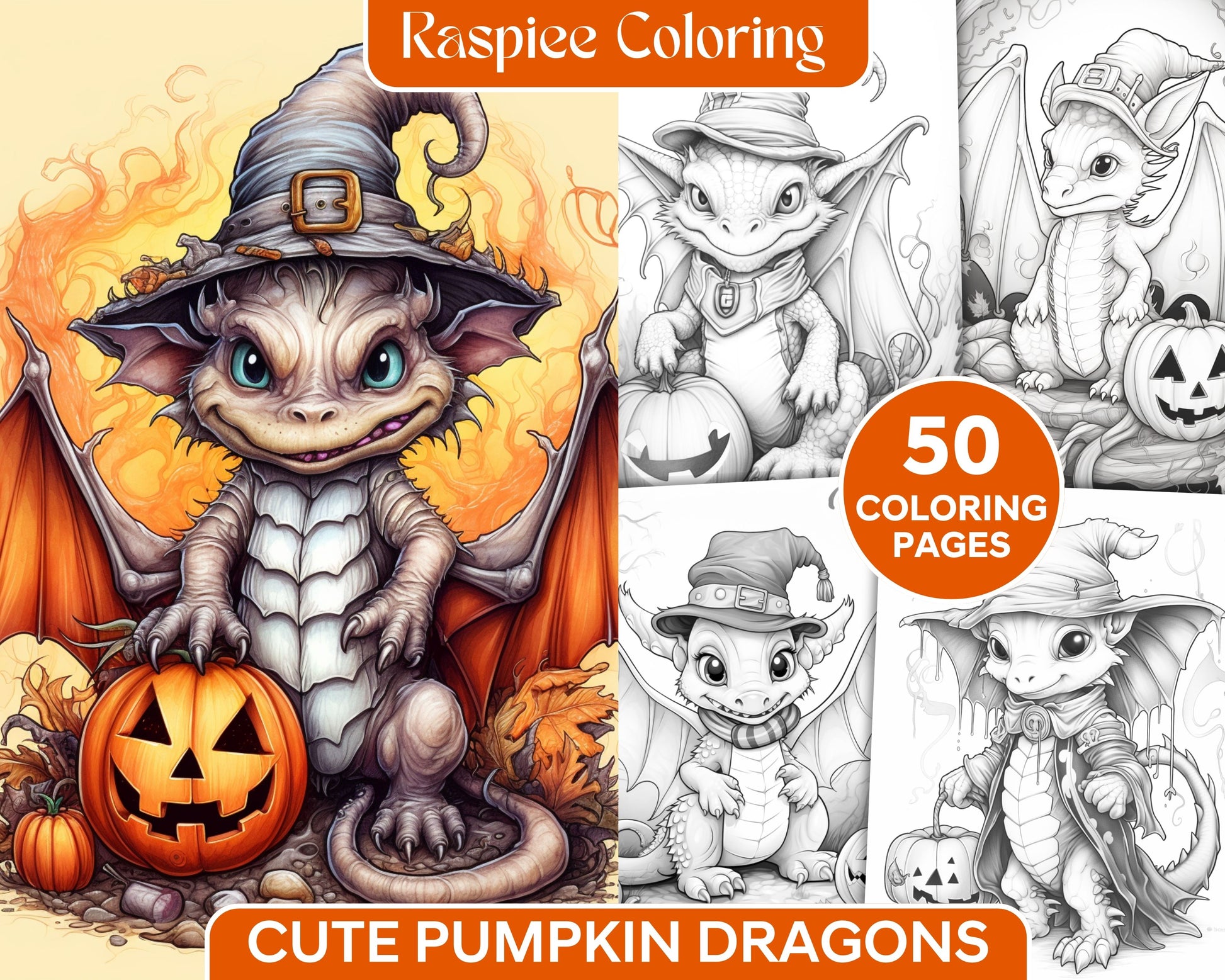 Cute Pumpkin Dragons Grayscale Coloring Pages for Adults and Kids, halloween coloring pages for kids, pumpkin halloween coloring pages, halloween coloring pages for adults