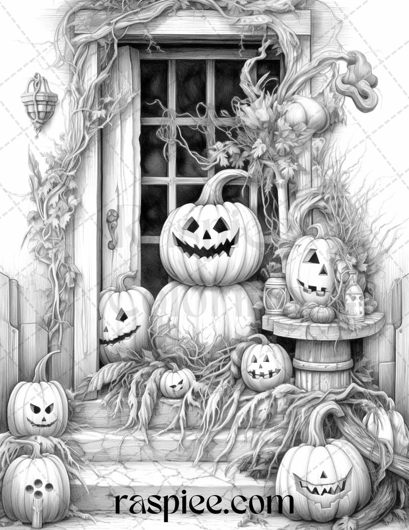 Spooky Halloween Home Decor: 40 Printable Grayscale Coloring Pages for