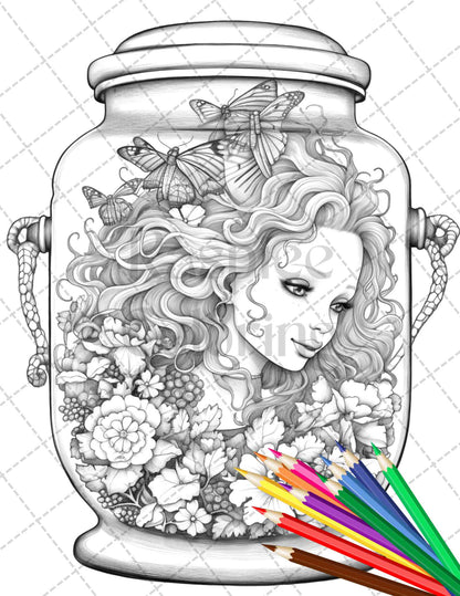 fairy coloring pages for adults, grayscale fairy jar coloring pages, printable fairy art for coloring, detailed grayscale coloring book pages, beautiful black and white fairy artwork, stress-relieving adult coloring pages, magical creatures in grayscale coloring