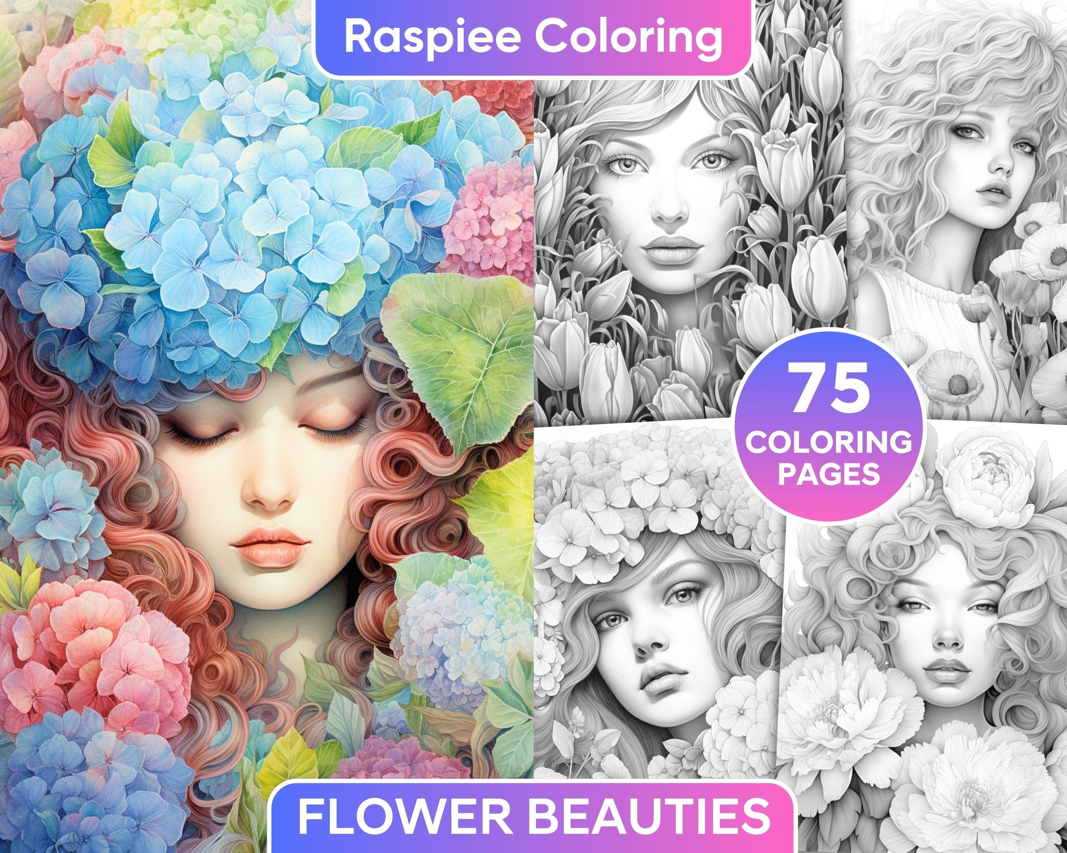 75 Flower Beauties Grayscale Adult Coloring Pages, Printable PDF Insta ...