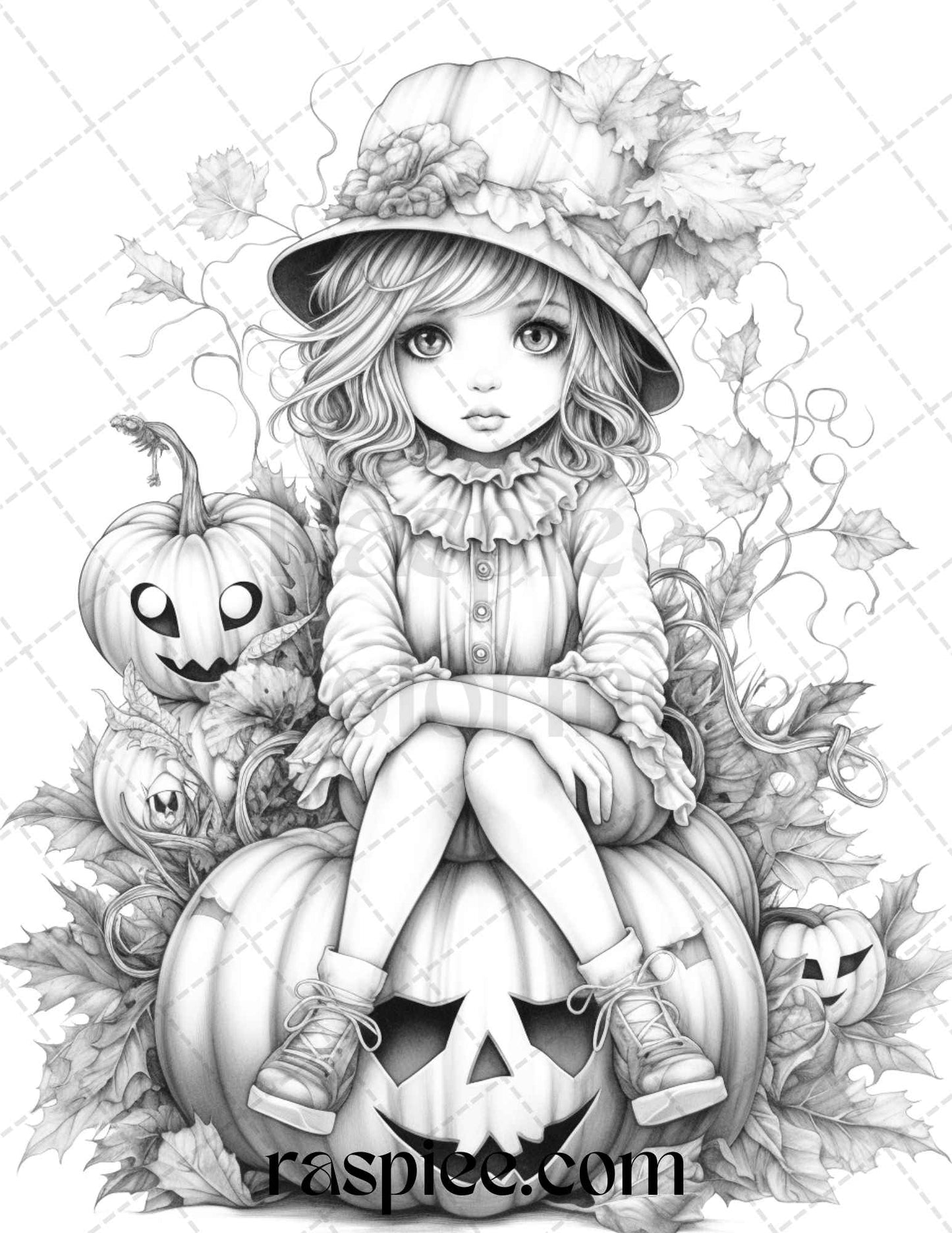 Pumpkin Fairy Girls Grayscale Coloring Pages, Halloween Art, Printable for Adults, Fantasy Illustrations, fall coloring pages for adults, halloween coloring pages for adults