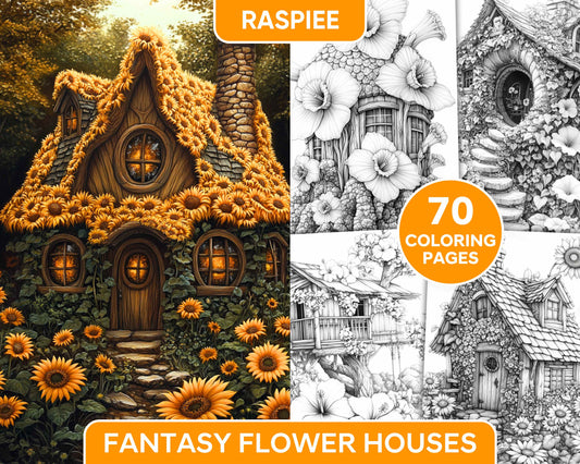 Fantasy Flower Houses Adult Coloring Pages Printable PDF Instant Download - RASPIEE