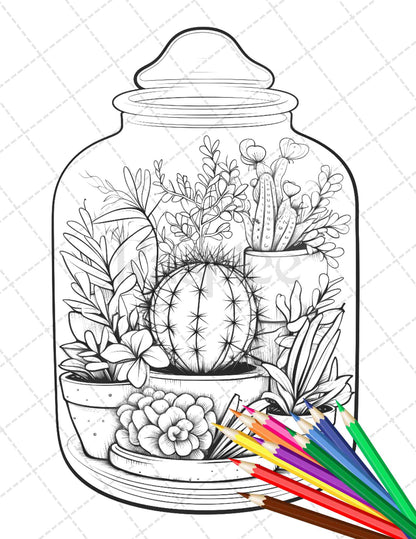 Enchanted Terrarium Coloring Pages for Adults, Printable Art for Stress Relief, Nature Designs for Coloring, Relaxing Adult Coloring Book