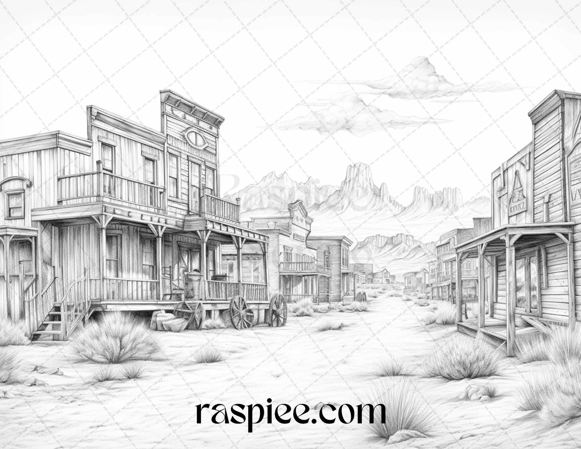 Wild West grayscale coloring pages, vintage Old West illustrations, adult printable coloring pages, western town scenes, cowboy art therapy, instant download coloring sheets