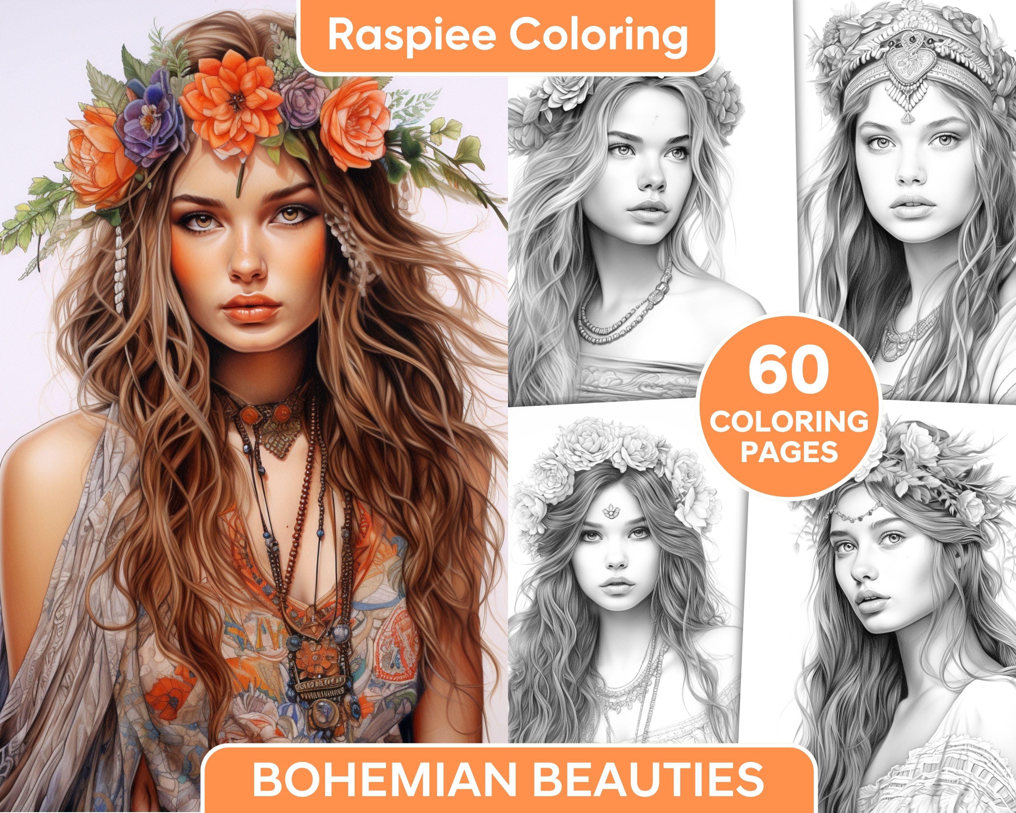 60 Bohemian Beauties Grayscale Coloring Pages for Adults, Printable PD ...
