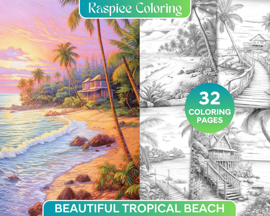 Tropical beach grayscale coloring page for adults, Printable adult coloring page with tropical beach scene, Detailed grayscale art for coloring - tropical beach theme