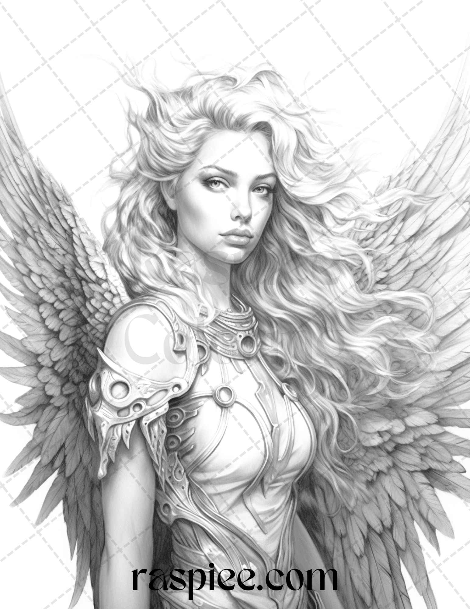 Enchanting Angels Grayscale Coloring Page for Adults, Stress-Relieving Angel Coloring Design