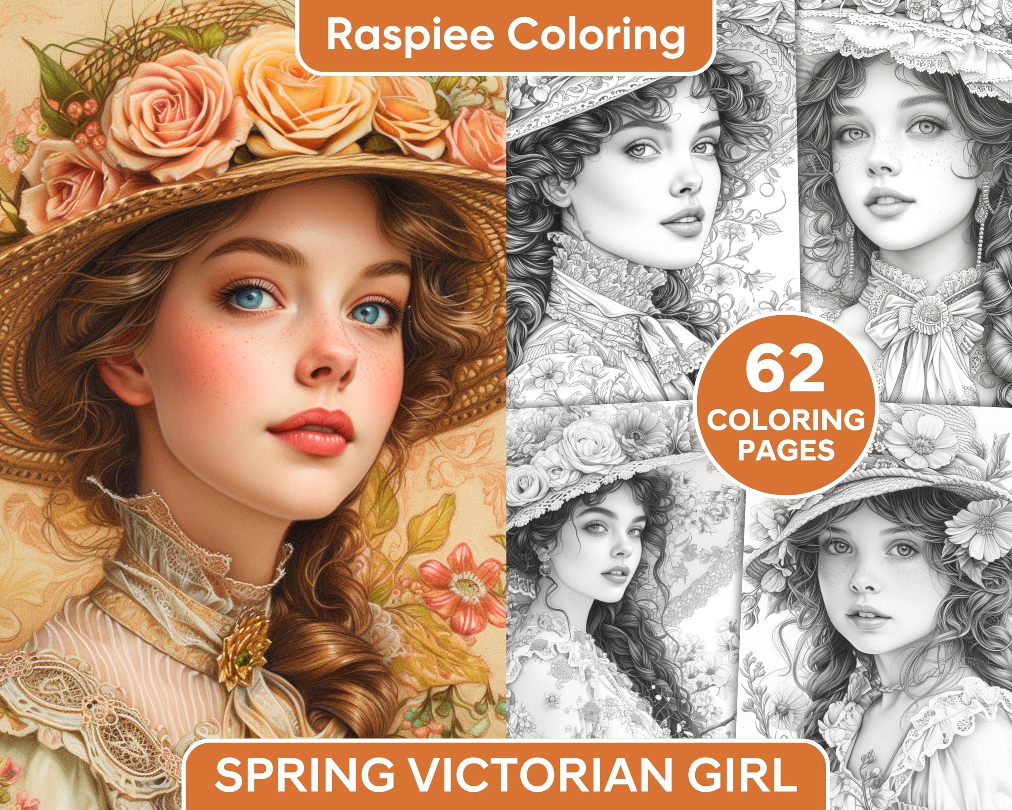 62 Spring Victorian Girl Portraits Grayscale Adult Coloring Pages, Pri ...