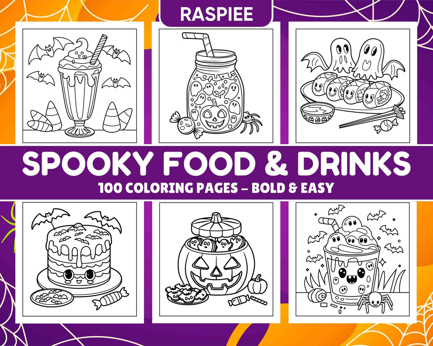 100 Bold Easy Spooky Food & Drinks Coloring Pages Printable PDF Instant Download - RASPIEE