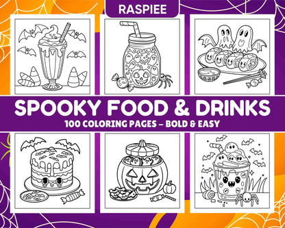 100 Bold Easy Spooky Food & Drinks Coloring Pages Printable PDF Instant Download - RASPIEE