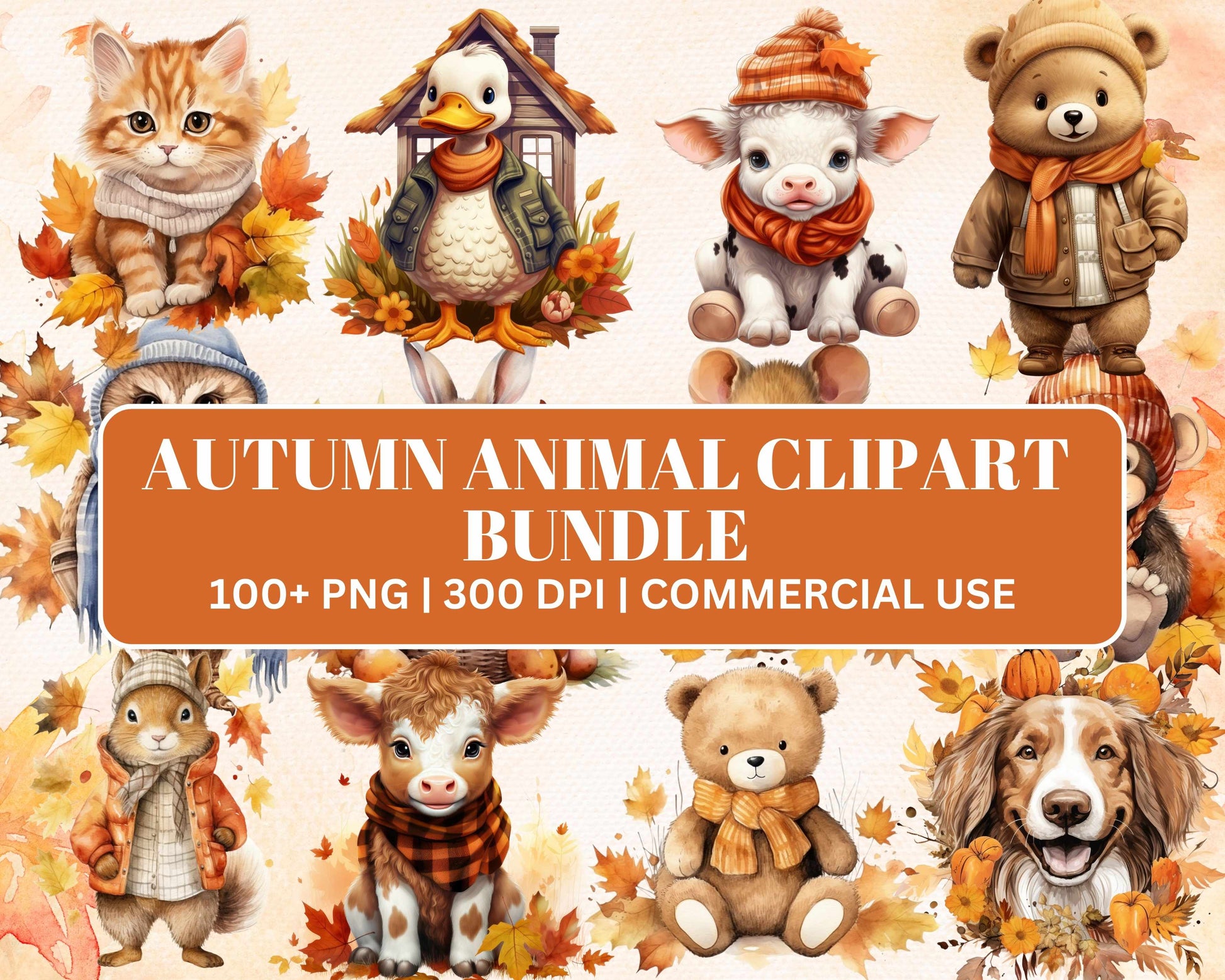 Watercolor Fall Leaves and Animals Clipart, Cute Autumn Woodland Creatures Graphics, Seasonal DIY Design Elements, High-Quality Hand-Painted Clipart, Fall Decor Illustrations Bundle
