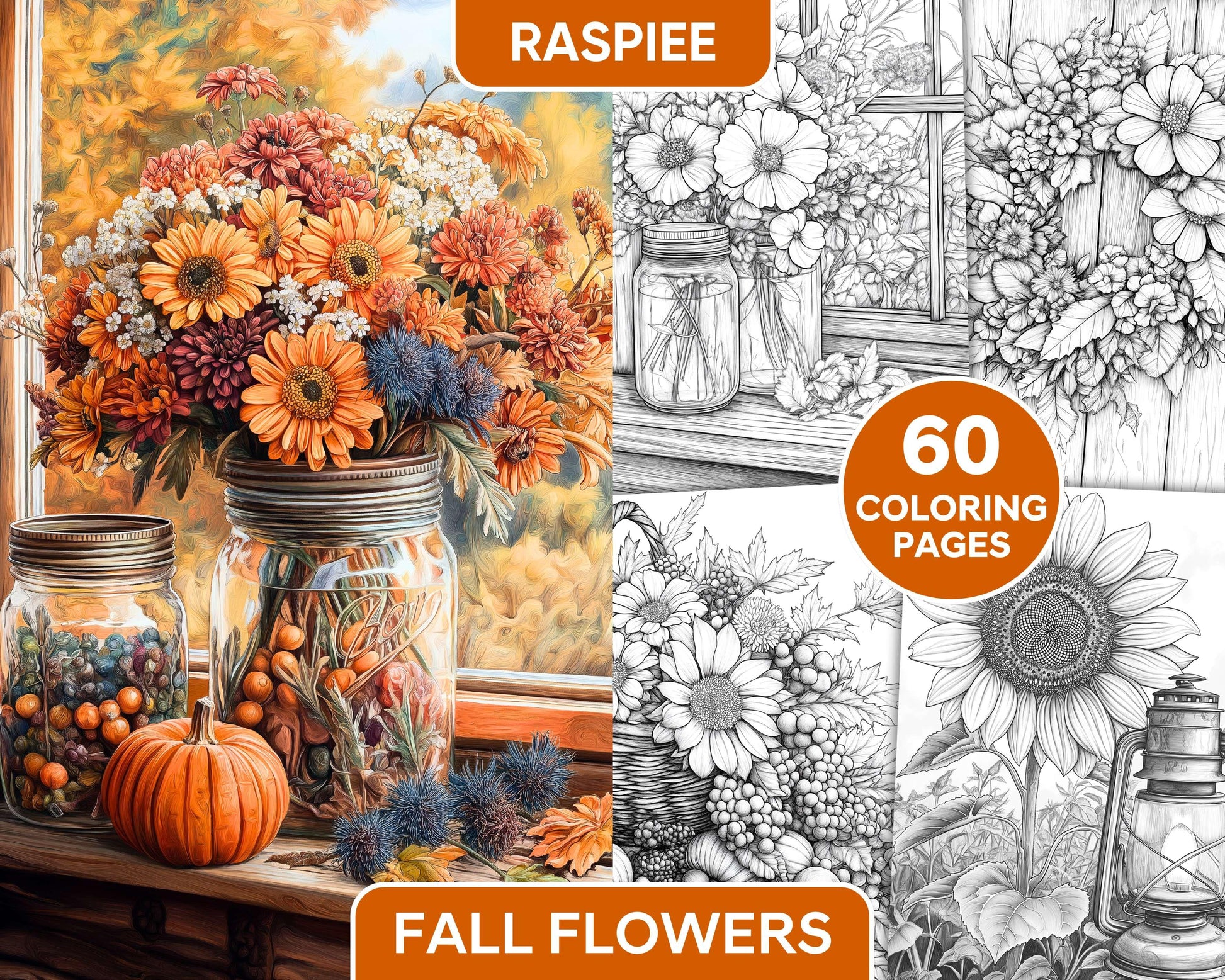 Fall Flowers Adult Coloring Pages Printable PDF Instant Download - RASPIEE