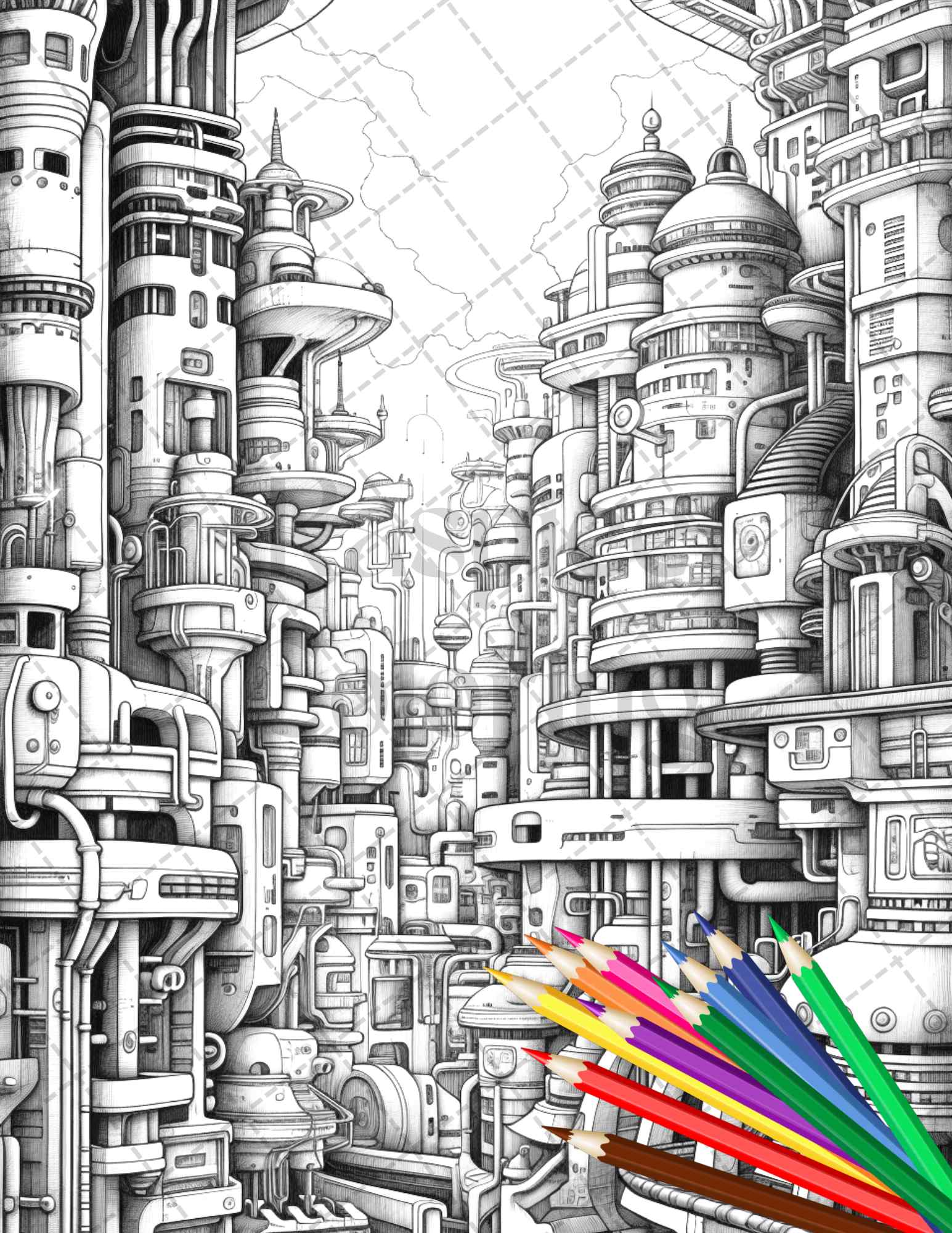 futuristic coloring pages, grayscale coloring book, printable adult coloring pages, cityscape coloring sheets, urban coloring art, metropolis coloring illustrations, detailed grayscale designs, adult coloring book pages, Futuristic city coloring, printable grayscale artwork, coloring pages for adults, high-quality coloring prints, urban landscape coloring, futuristic art therapy, stress-relieving coloring sheets