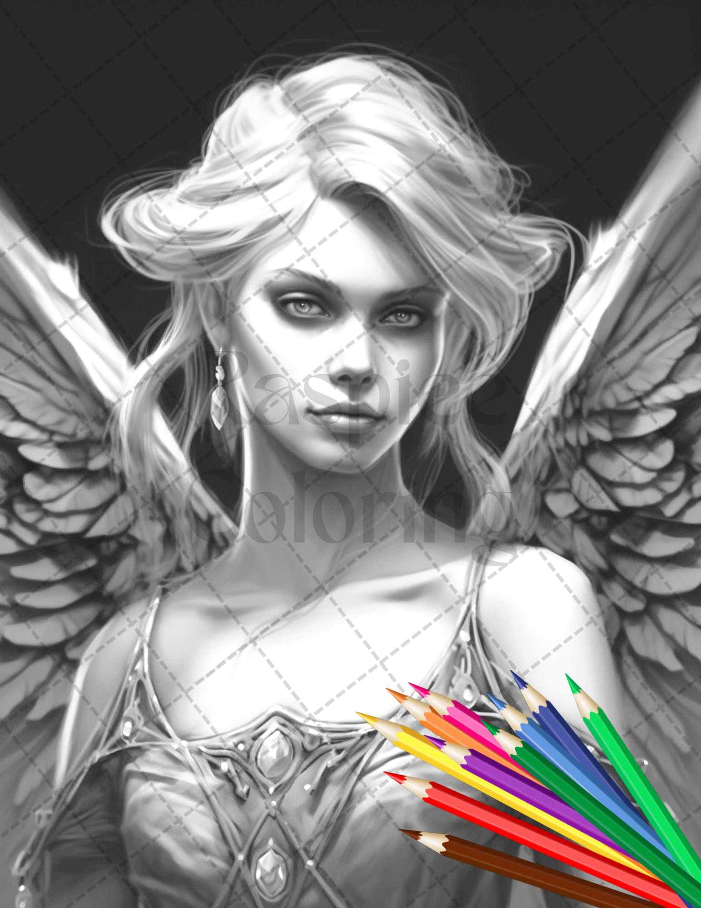dark fairy grayscale coloring page for adults, printable fantasy coloring page with beautiful fairy, instant download black and white fairy coloring art