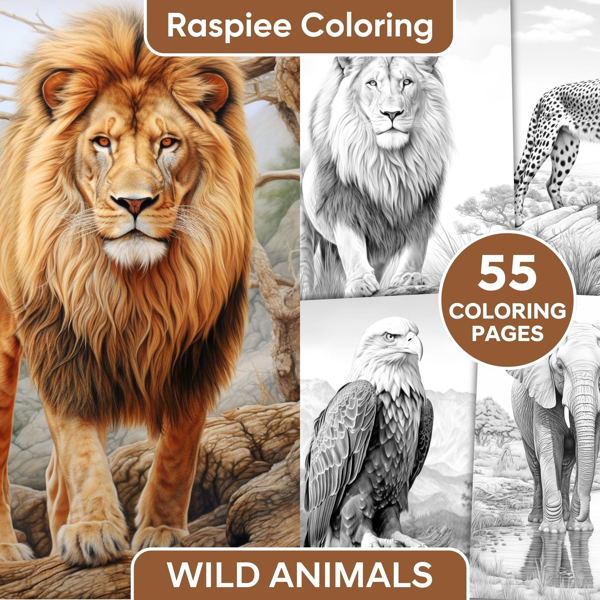 55 Wild Animals Grayscale Coloring Pages for Adults, Printable PDF Ins