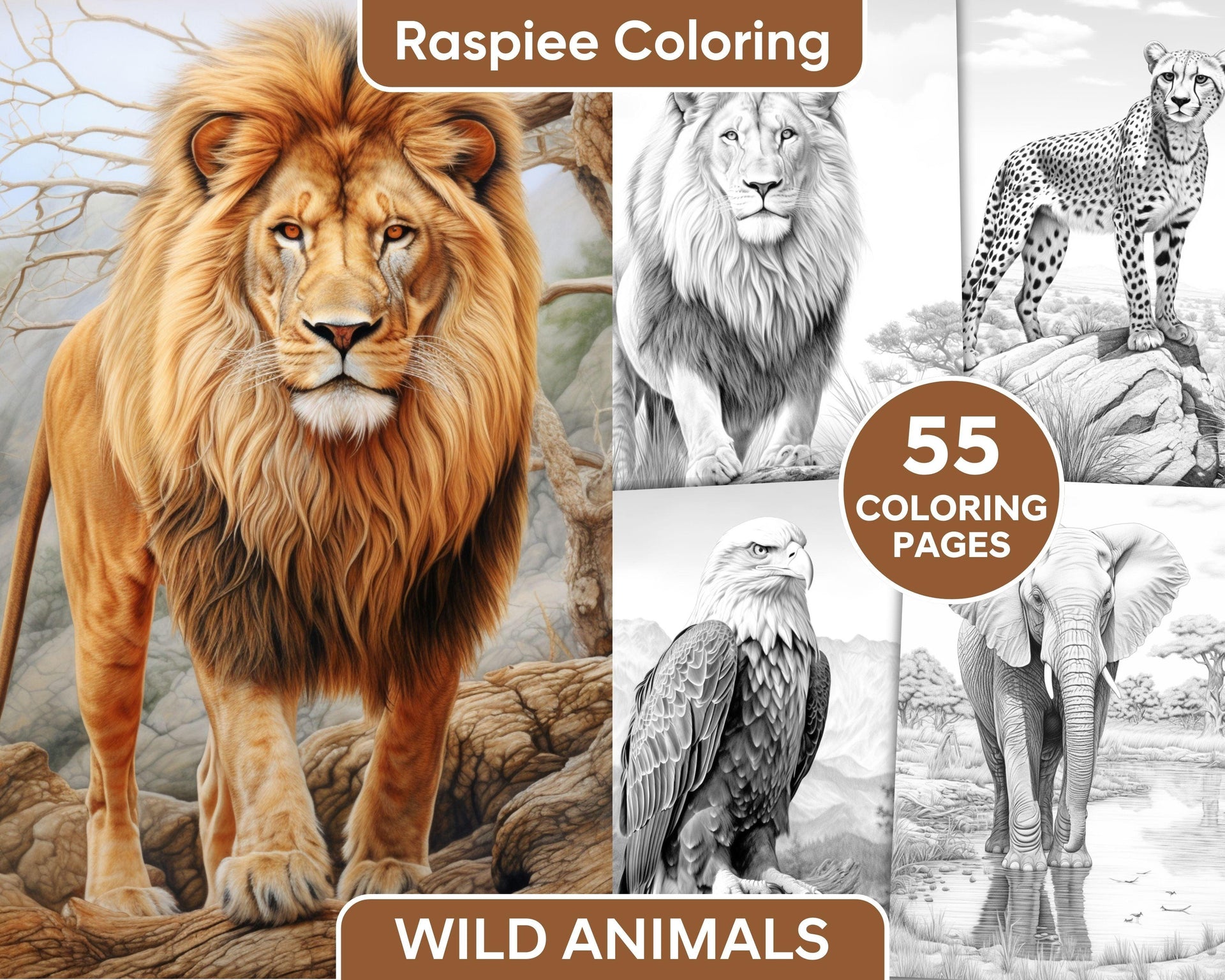 55WildAnimalsGrayscaleColoringPagesforAdults,PrintablePDFInstantDownload