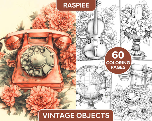 Vintage Objects Floral Adult Coloring Pages Printable PDF Instant Download Vol.2 - RASPIEE