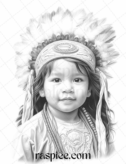 Native American Girls and Boys Coloring Pages, Grayscale Printable Coloring Sheets, Ethnic Tribal Kids Coloring Activities, Indigenous Children Coloring Illustrations, Cultural Native American Coloring Art, Family-Friendly Coloring Pages, Creative Craft Coloring for All Ages