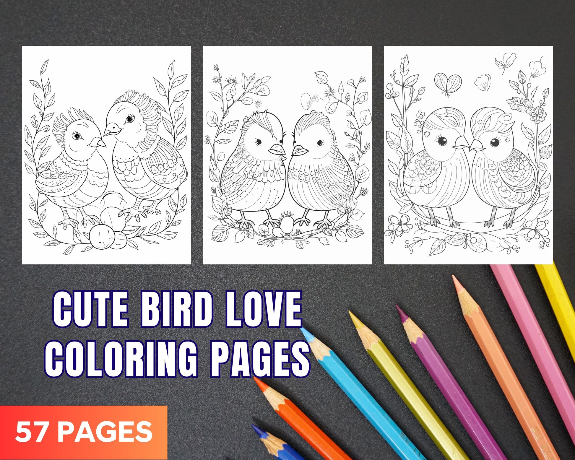 57 Printable Cute Bird Love Coloring Pages for Adults & Kids, Printable PDF File Instant Download - raspiee