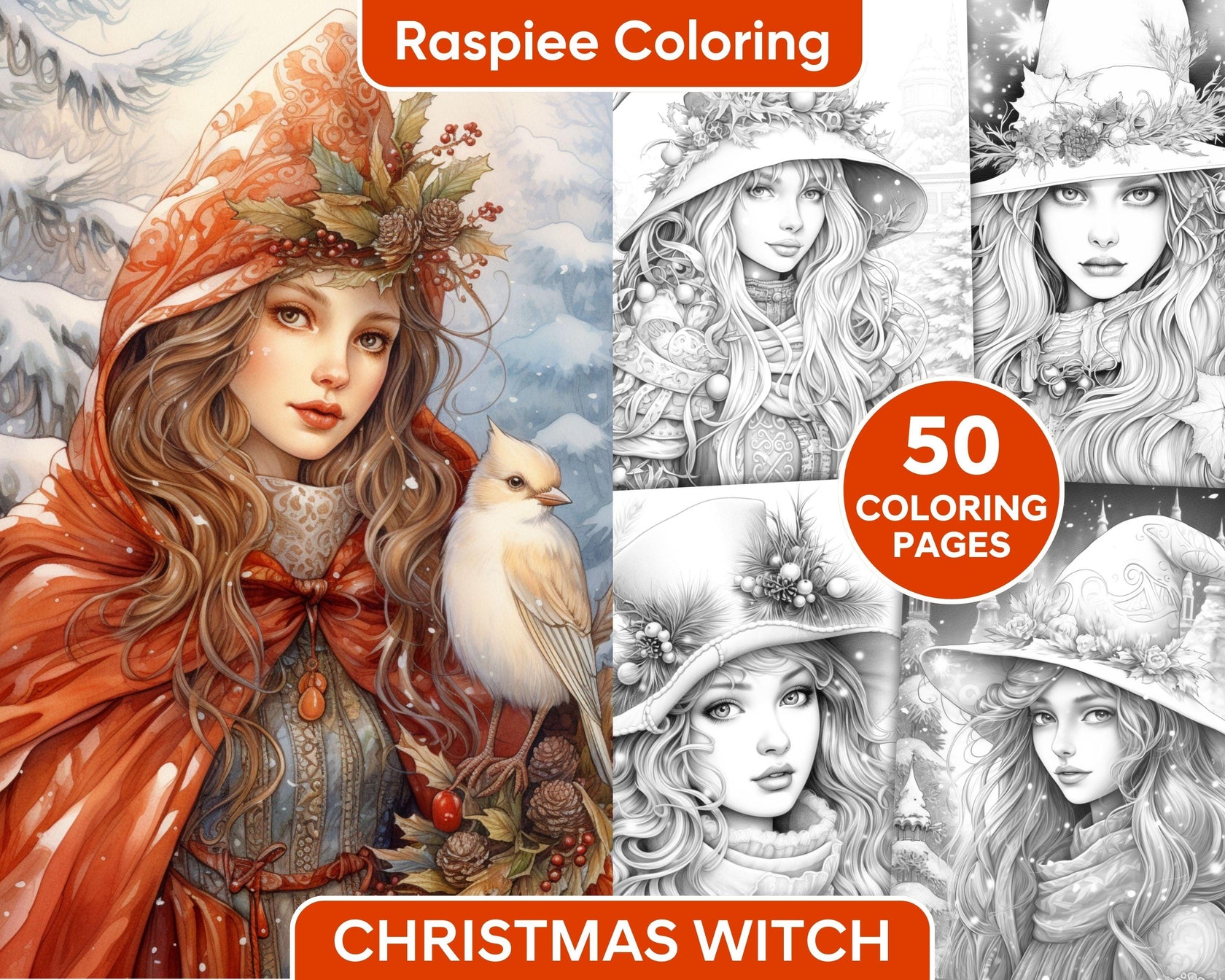 50 Christmas Witch Grayscale Coloring Pages for Adults, Printable PDF ...