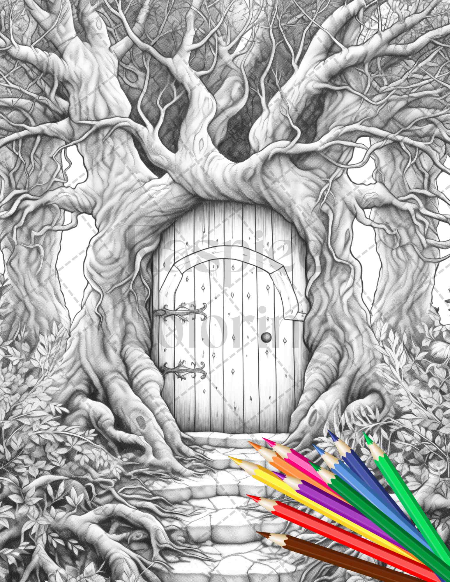 Magical Forest Gates Grayscale Coloring Pages, Printable Coloring Pages for Adults, Adult Coloring Book, Nature-themed Grayscale Art, Detailed and Intricate Coloring Designs
