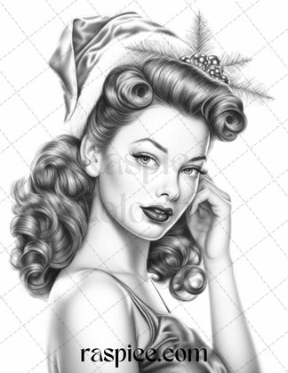 55 Vintage Christmas Pin Up Girls Grayscale Coloring Pages for Adults ...
