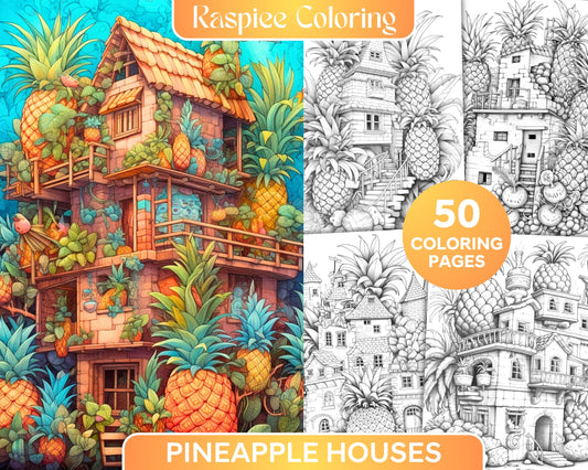 grayscale coloring pages, printable for adults, pineapple houses, adult coloring, grayscale art