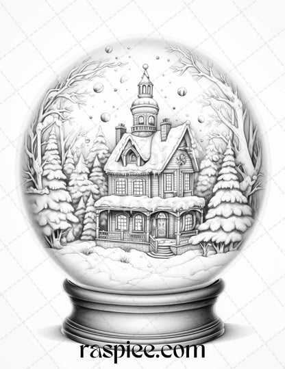 Snow Globe Grayscale Coloring Page, Cozy Cabin Winter Coloring Printable, Relaxing Snow Scene Adult Coloring, Detailed Winter Cabin Artwork, Intricate Holiday Coloring Page